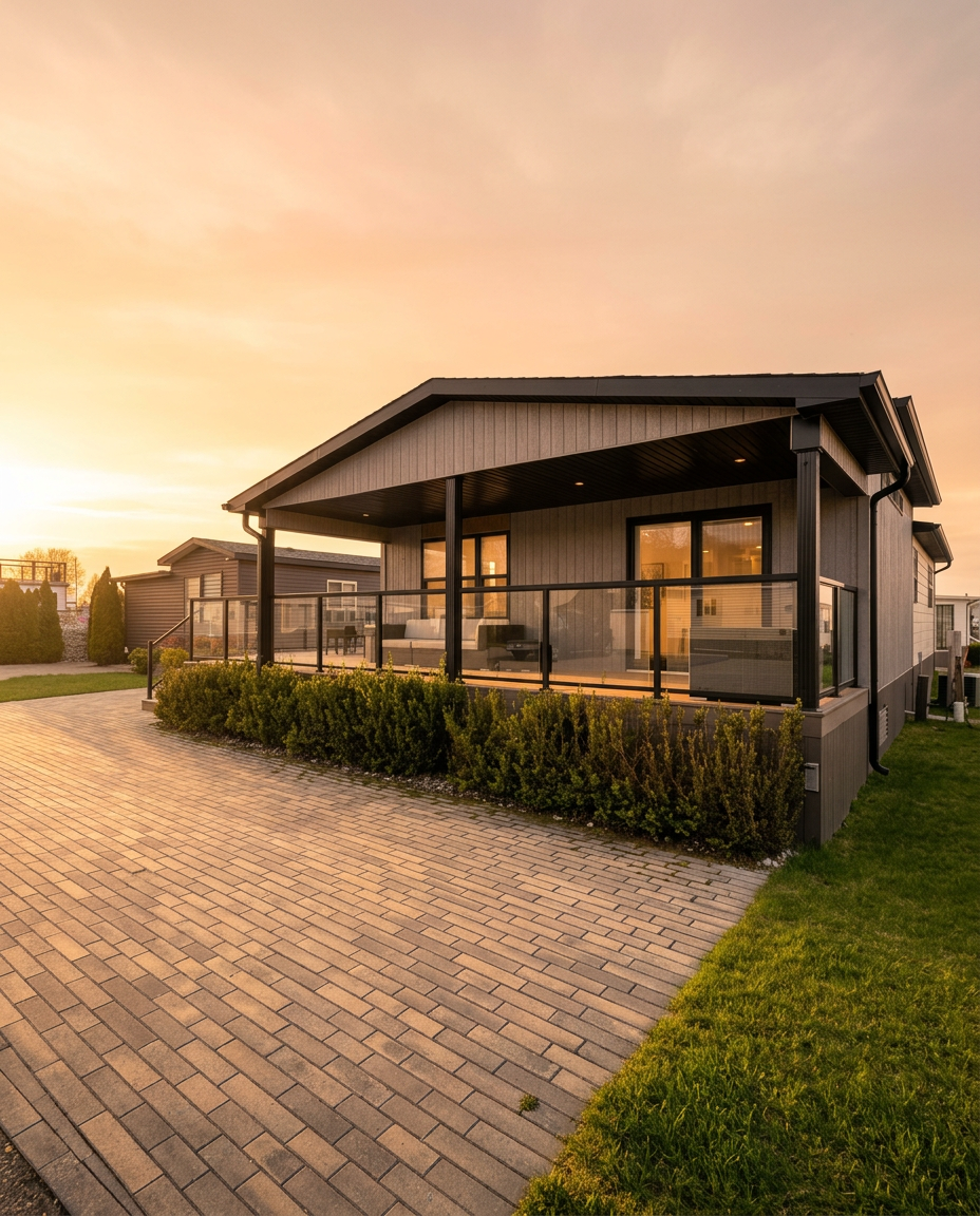 Cottage exterior with wrap-around composite deck and glass railings